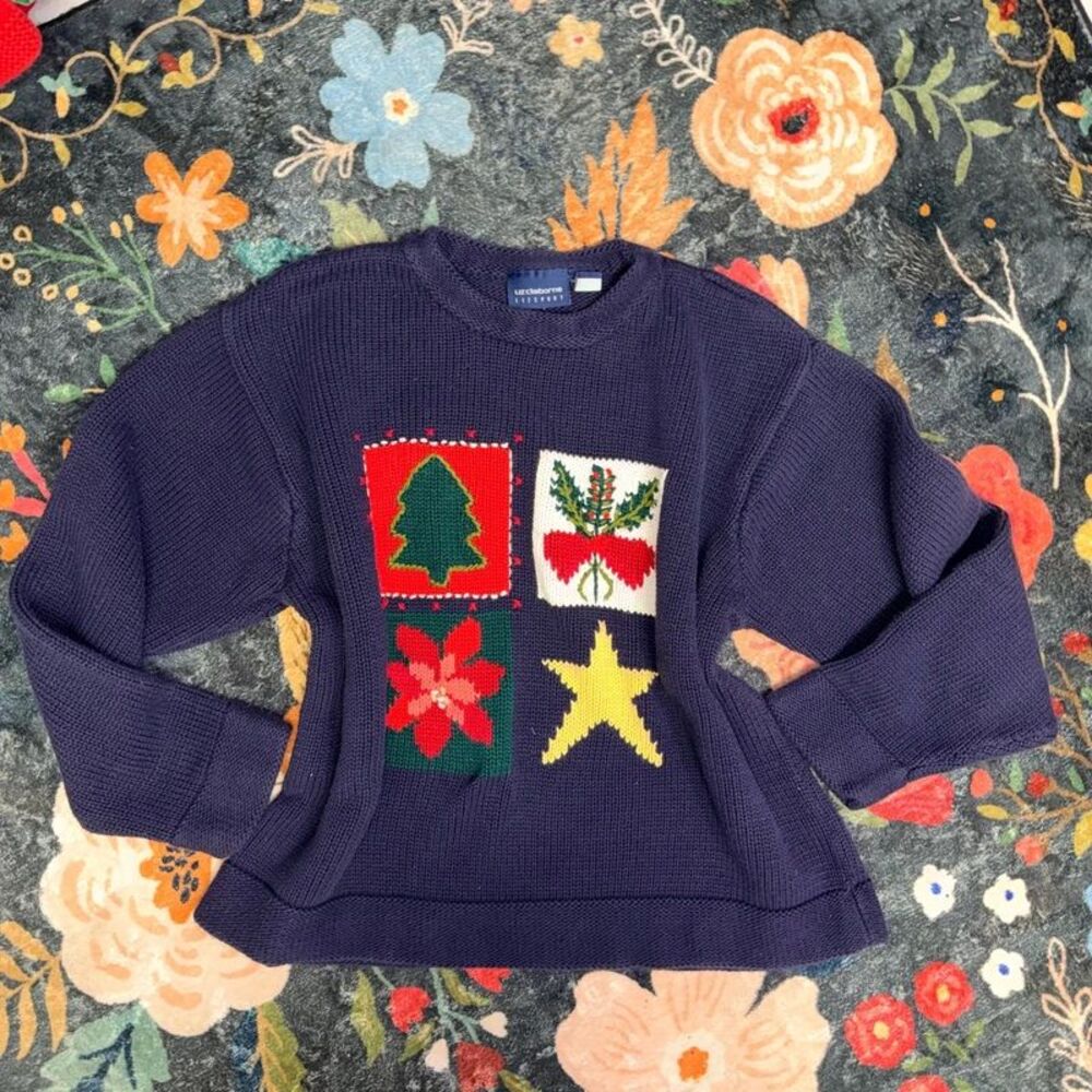 Vintage Liz Claiborne Christmas Sweater XL Navy 100% Cotton Made in Australia